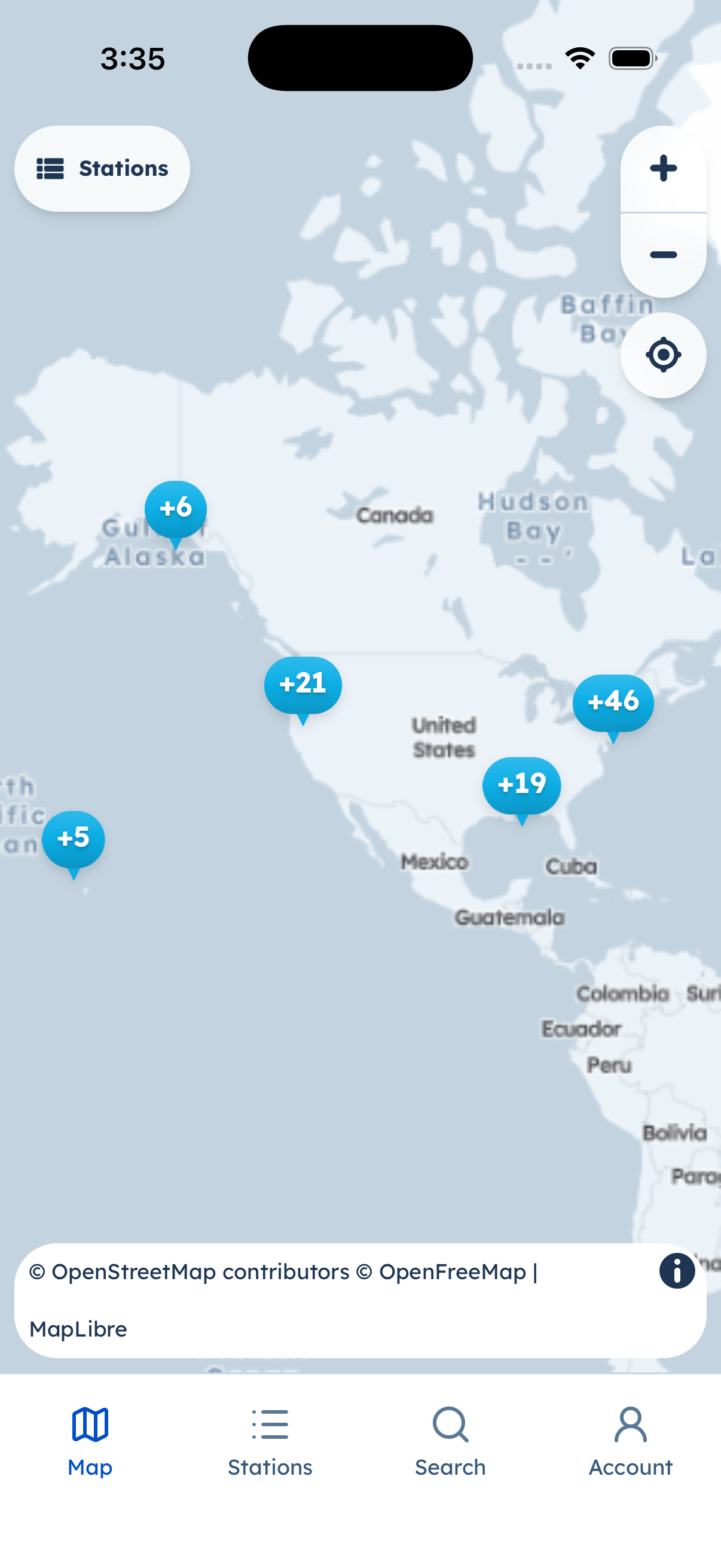 Map with North America station clusters