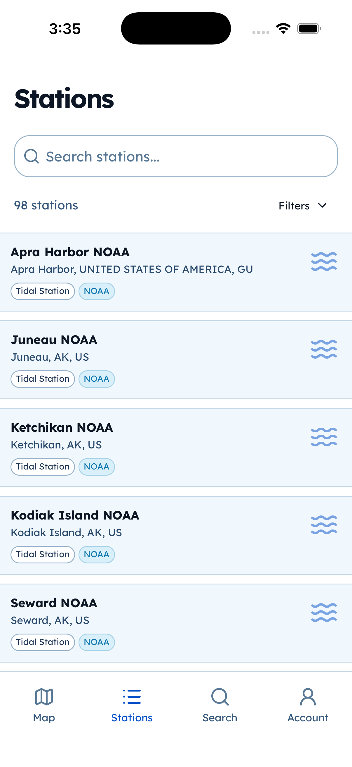 Stations list with search field