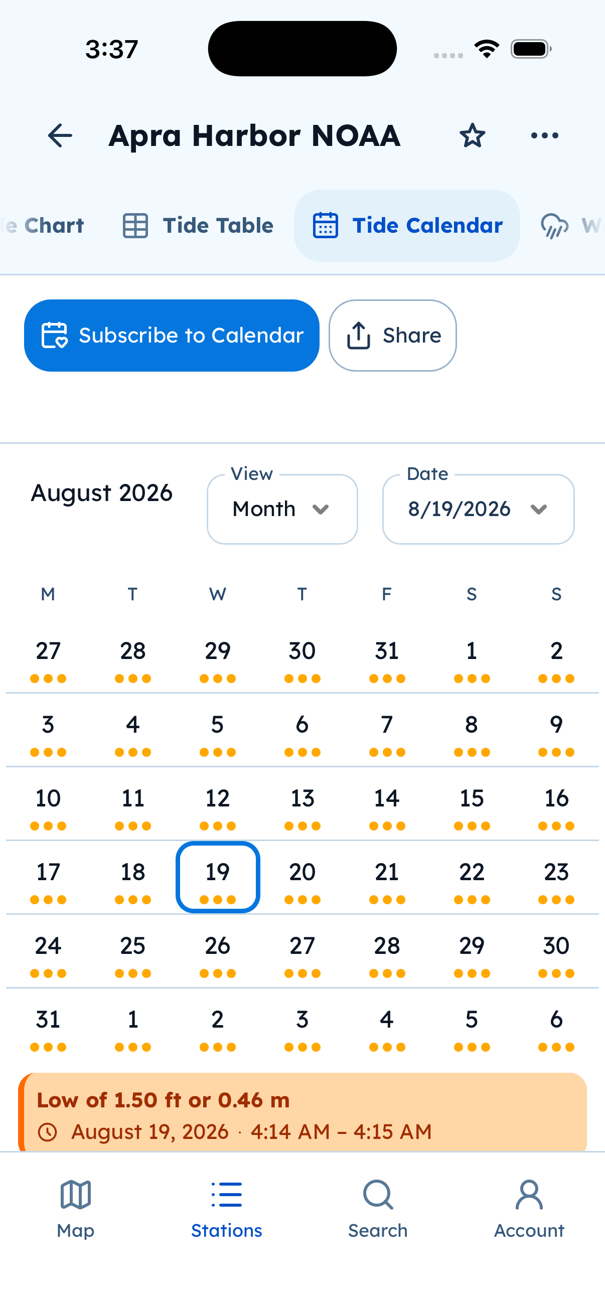 Tide calendar with Subscribe to Calendar
