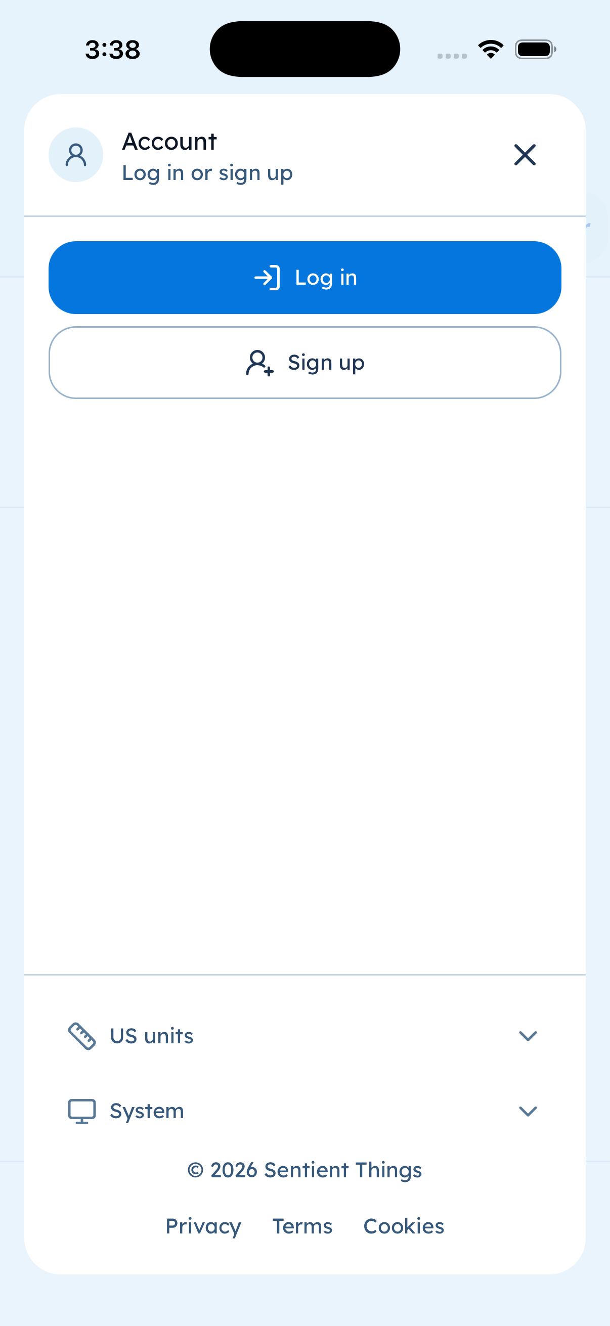 Account slideover with Log in, Sign up, units, theme, Privacy Terms Cookies