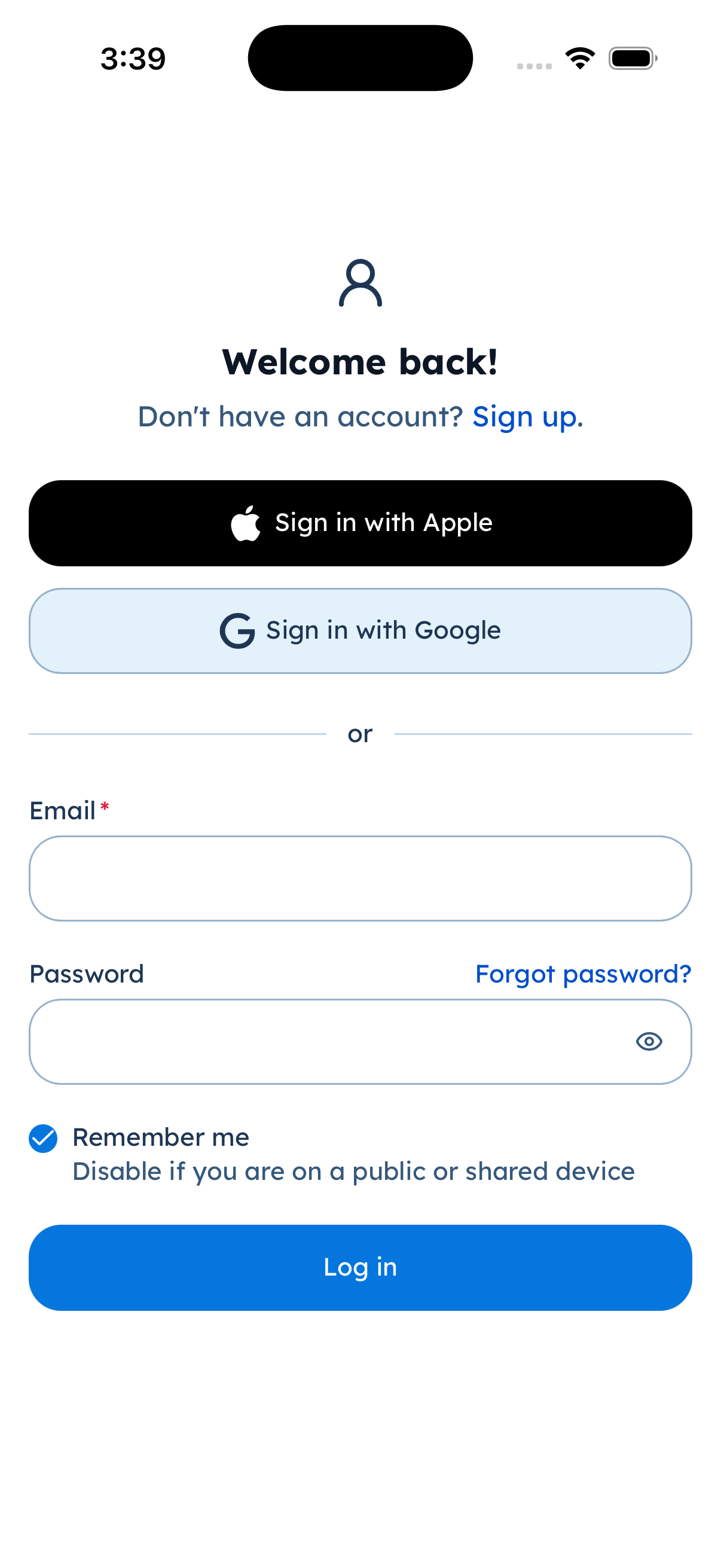 Log in with Apple, Google, or email